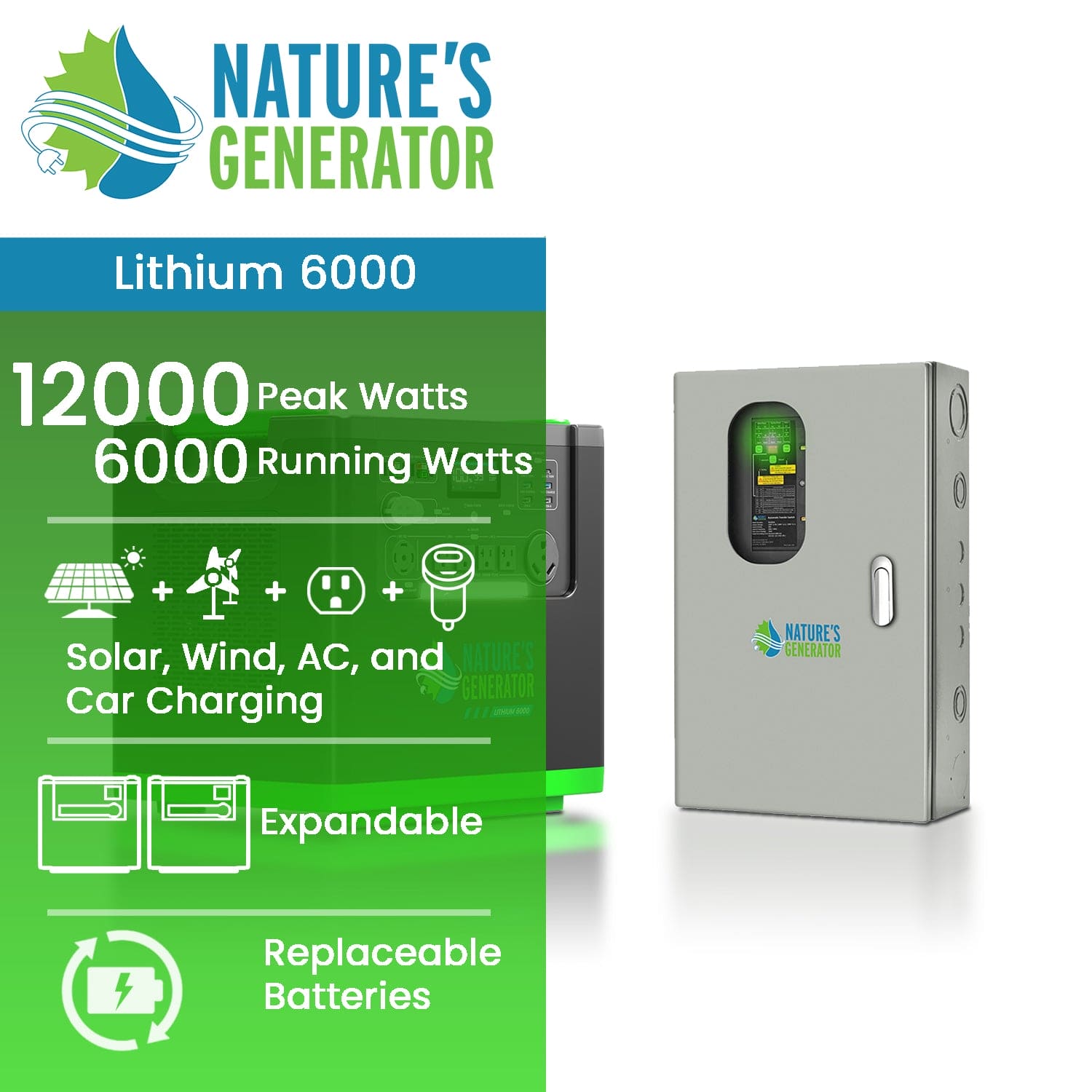 Nature's Generator Lithium 6000 + Transfer Switch | Whole-Home Backup product image
